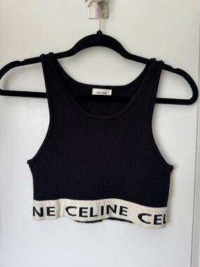 Celine Black Cropped Ribbed Tank with White Logo Band
